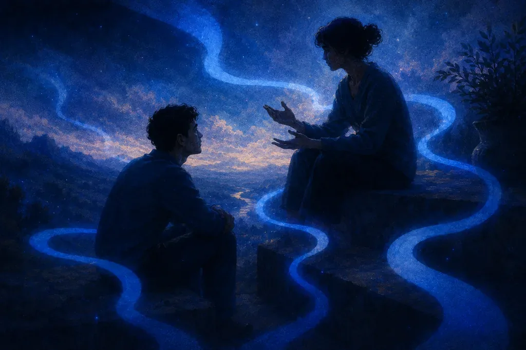 A dream of two people conversing at night with glowing blue rivers and a starry sky.