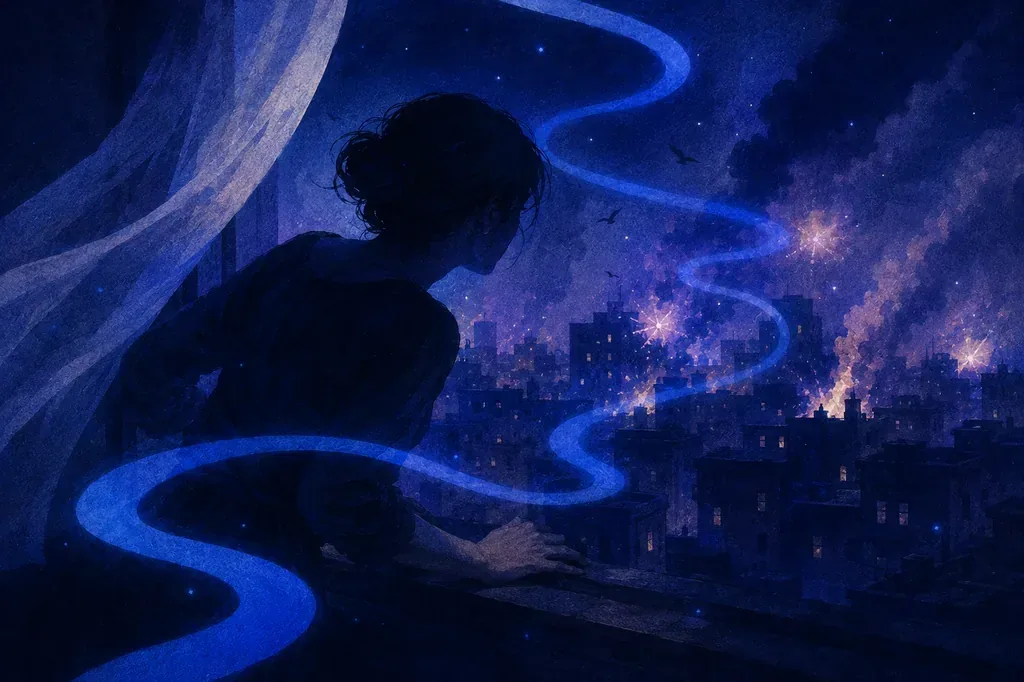 Um sonho de uma pessoa olhando pela janela para uma cidade escura com linhas azuis brilhantes, à noite.