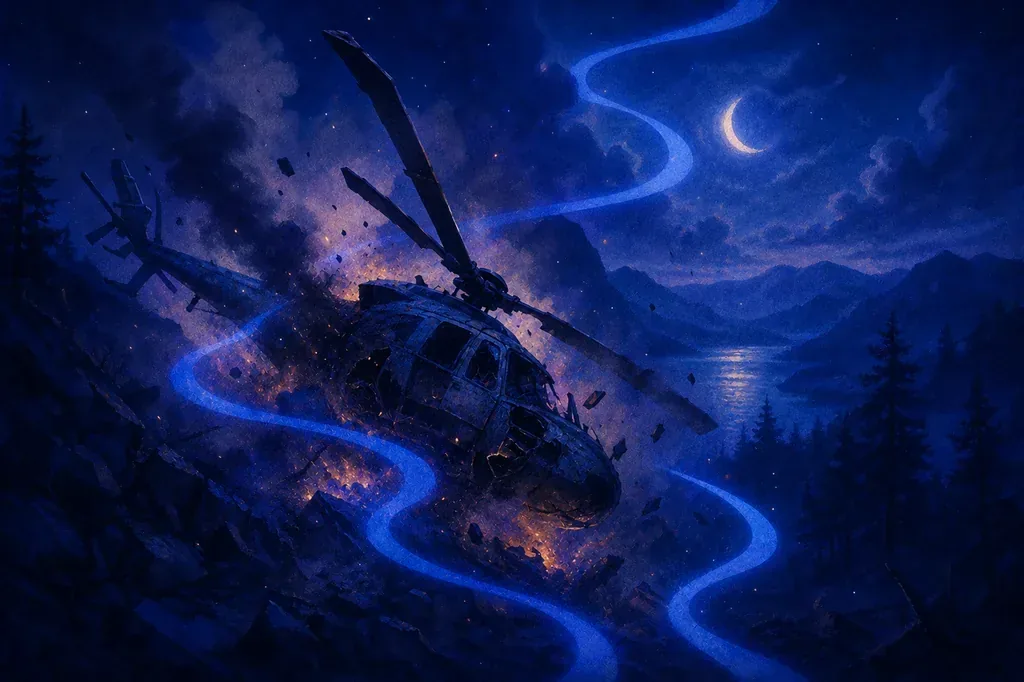 Ein Traum von einem abgestürzten Helikopter, der nachts auf einem dunklen Berg mit blauen Spuren brennt.