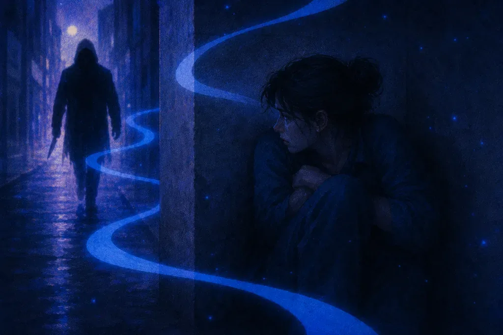 A dream of hiding from a killer in a shadowy alleyway under the moonlight.