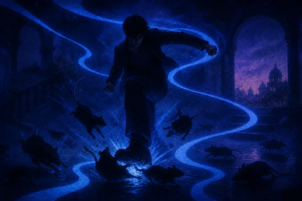A dream of a man stepping on rats amidst glowing blue lines in a dark, blue-lit setting.
