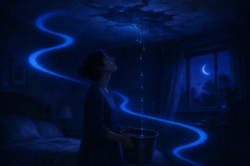 A dream of a woman catching blue glowing water from a leaking ceiling in a dark bedroom.