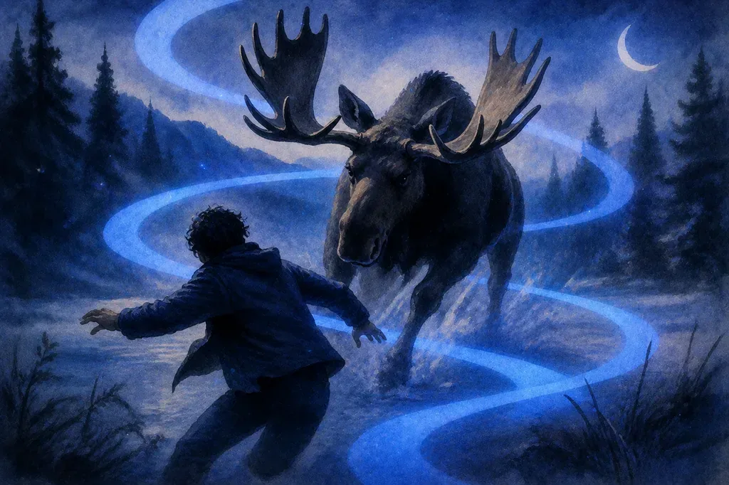 A dream of a large moose attacking in a snowy forest under the moonlight.