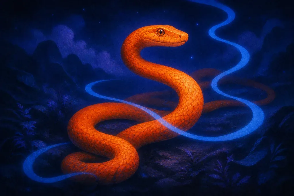A dream of a vibrant orange snake coiled on ancient stone ruins under a twilight sky.