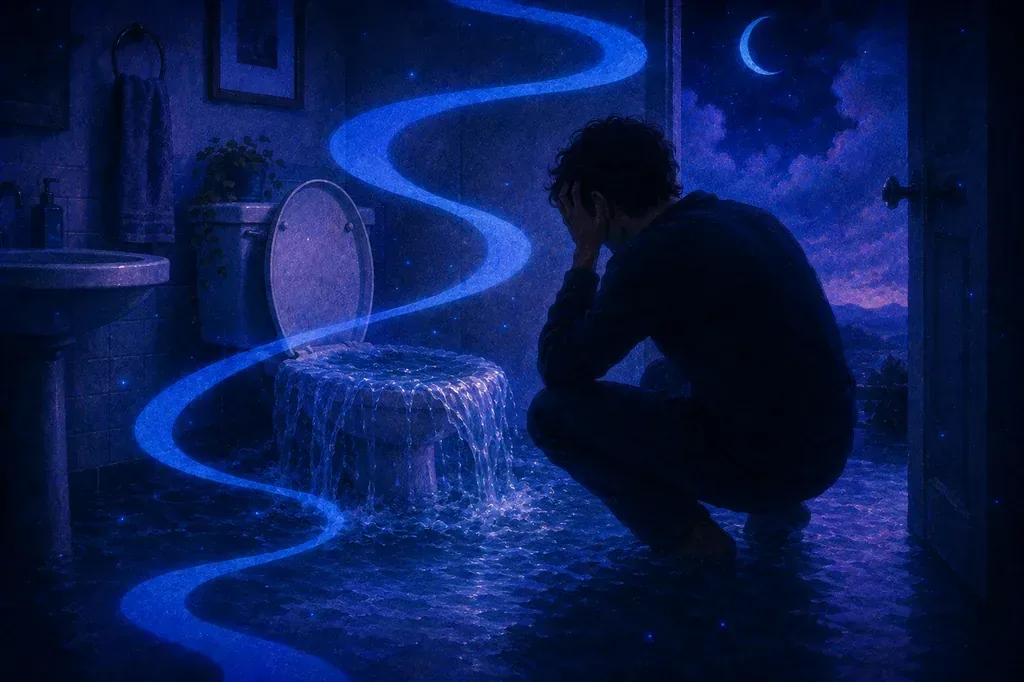 A dream of a man crouching in a dark bathroom with an overflowing toilet and blue water.