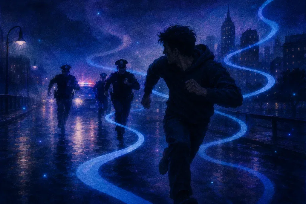 A dream of police chasing a person down a dark, wet city street.