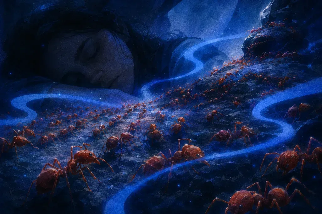 A dream of a sleeping woman, many red ants, and glowing blue paths in a dark blue scene.