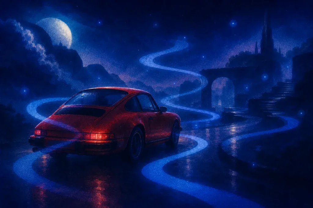 A dream of a red car on a glowing blue road under a large moon in a dark, starry night.
