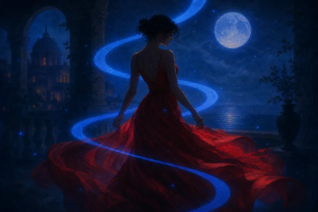 A dream of a woman in a red dress on a dark balcony under a full moon with blue light.