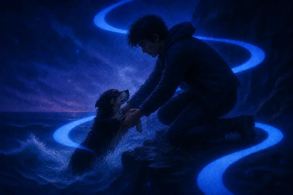 A dream of rescuing a dog from water into a warm, glowing embrace at night.