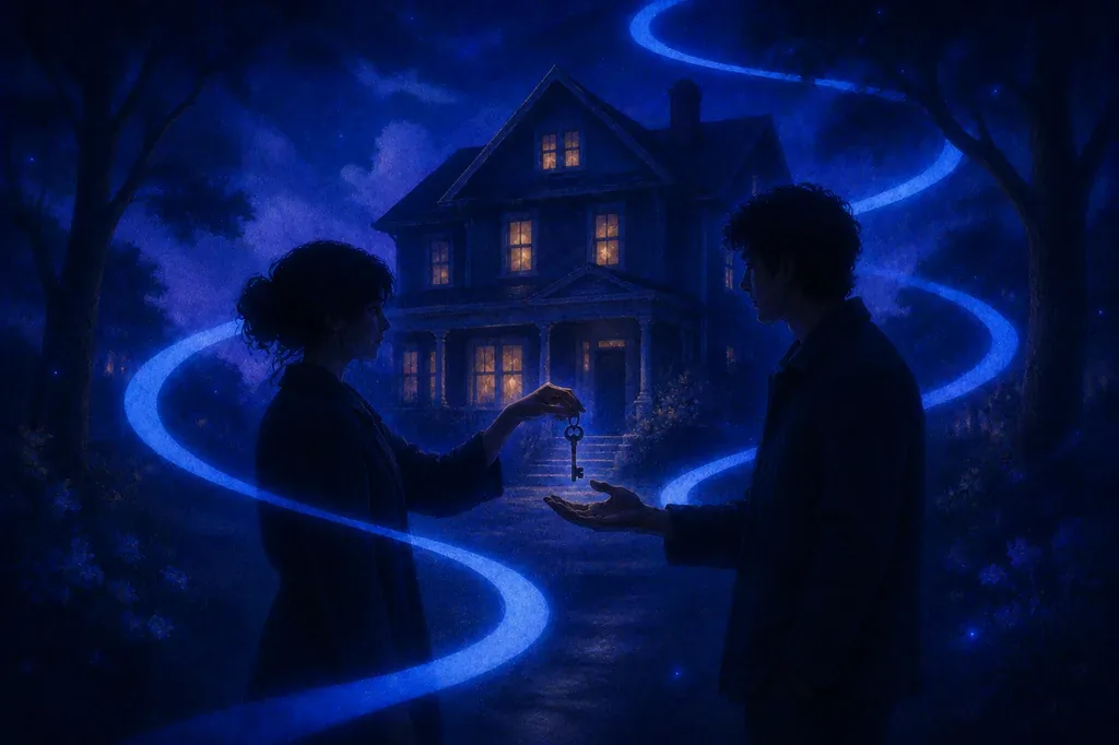 A dream of selling a house as an owner hands over keys before a moonlit home.