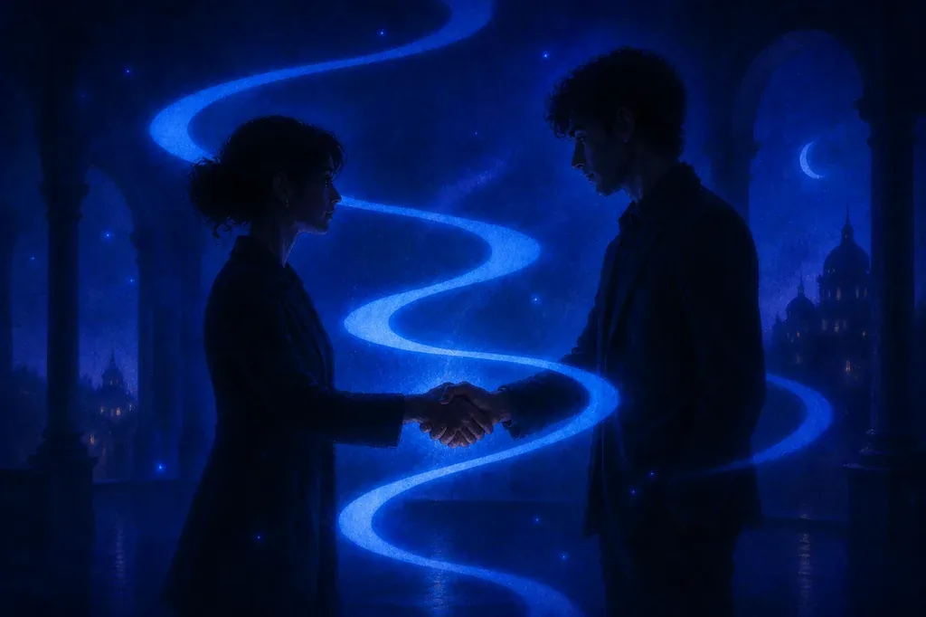 A dream of a man and woman shaking hands under glowing blue lines in a dark, moonlit city.