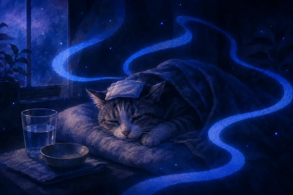 A dream of a tabby cat sleeping under a blanket with a compress, in a dark blue room.