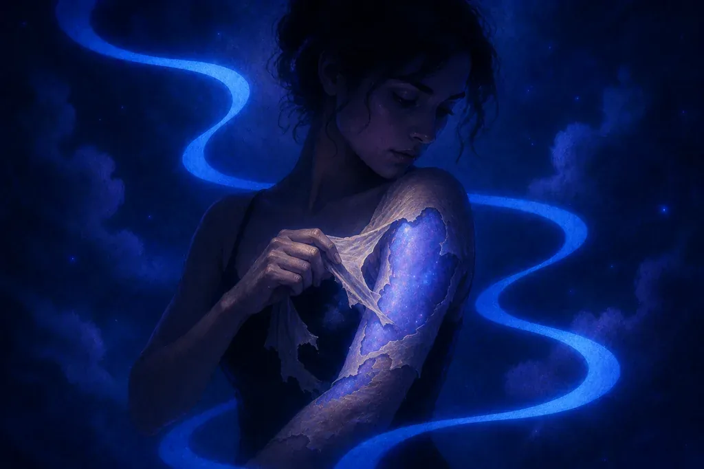 A dream of a woman peeling skin from her arm, revealing glowing blue in a dark, starry setting.
