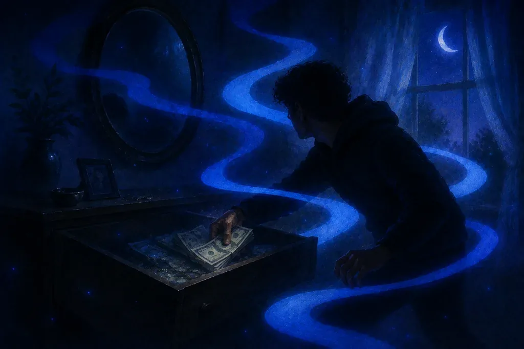 A dream of a man taking money from a drawer in a dark room with blue glowing light and moonlight.