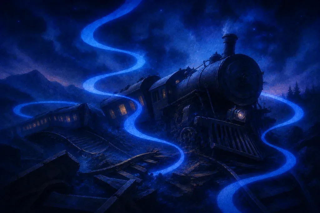 A dream of a derailed train on broken tracks, dark blue night, glowing lines.
