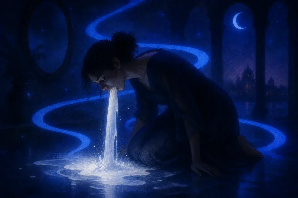 A dream of a woman vomiting milk onto a moonlit floor with glowing swirls.