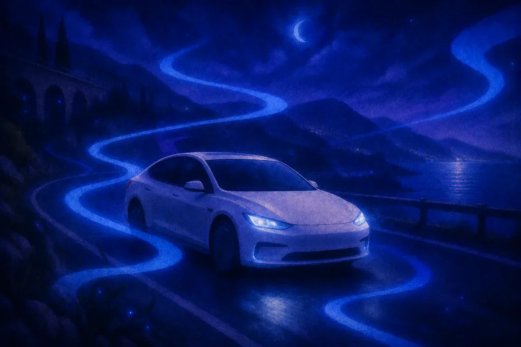 A dream of a white car driving on a glowing blue road at night under a crescent moon.