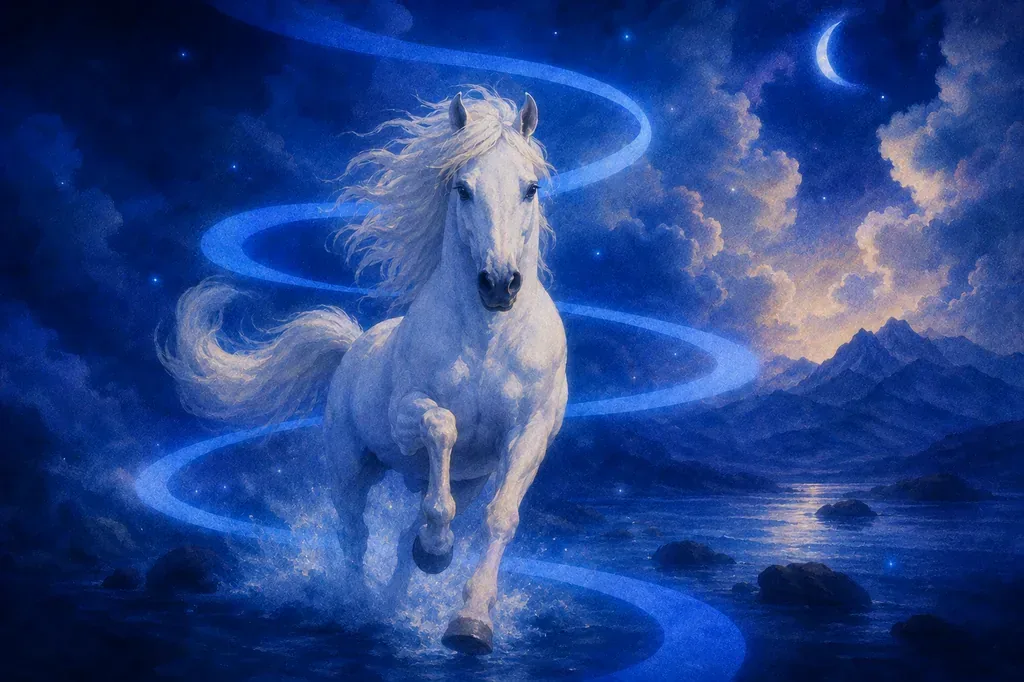 A dream of a white horse running in glowing blue water under a crescent moon and stars.