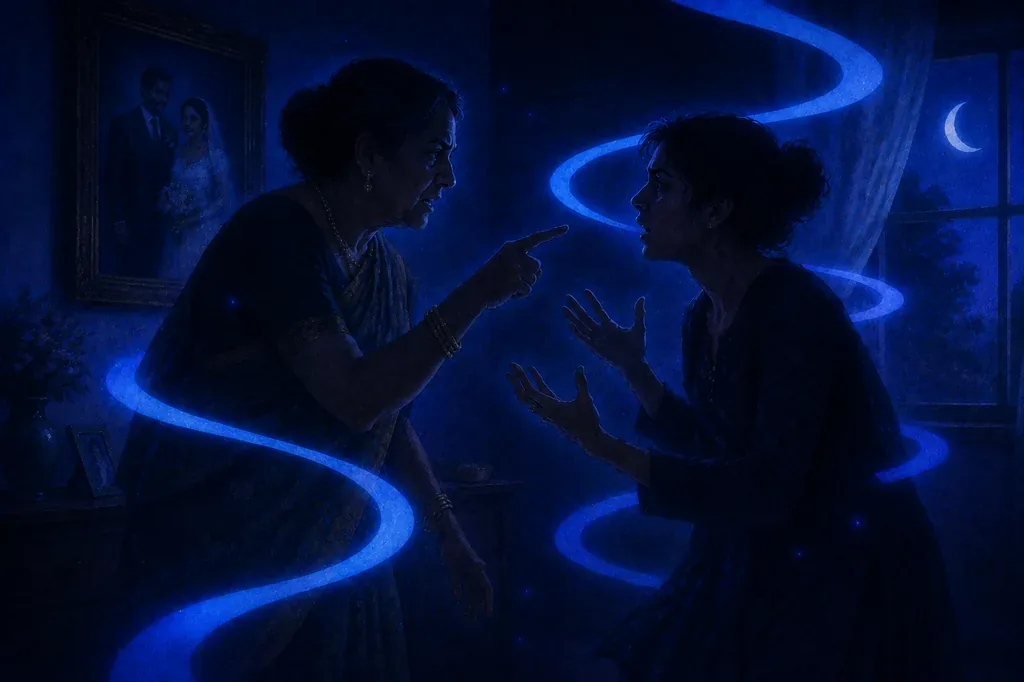 A dream of arguing with a mother-in-law in a tense, blue-lit room.