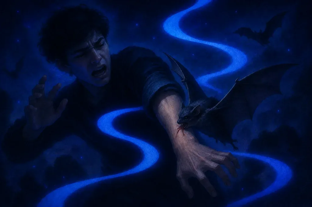 A dream of being bitten by a bat in a dark cavern with swirling moonlight.