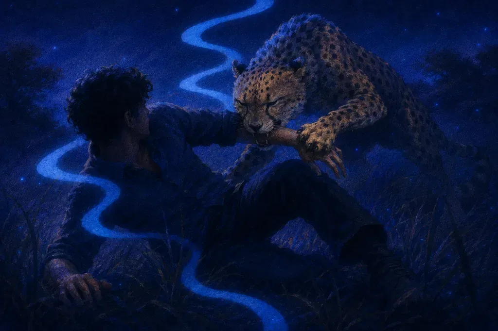 A dream of being bitten by a cheetah with glowing claws in a mystical landscape.