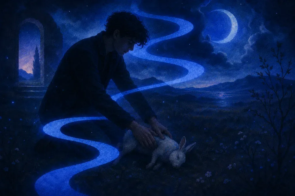 A dream of a young man kneeling, petting a white rabbit under a crescent moon and glowing blue path.
